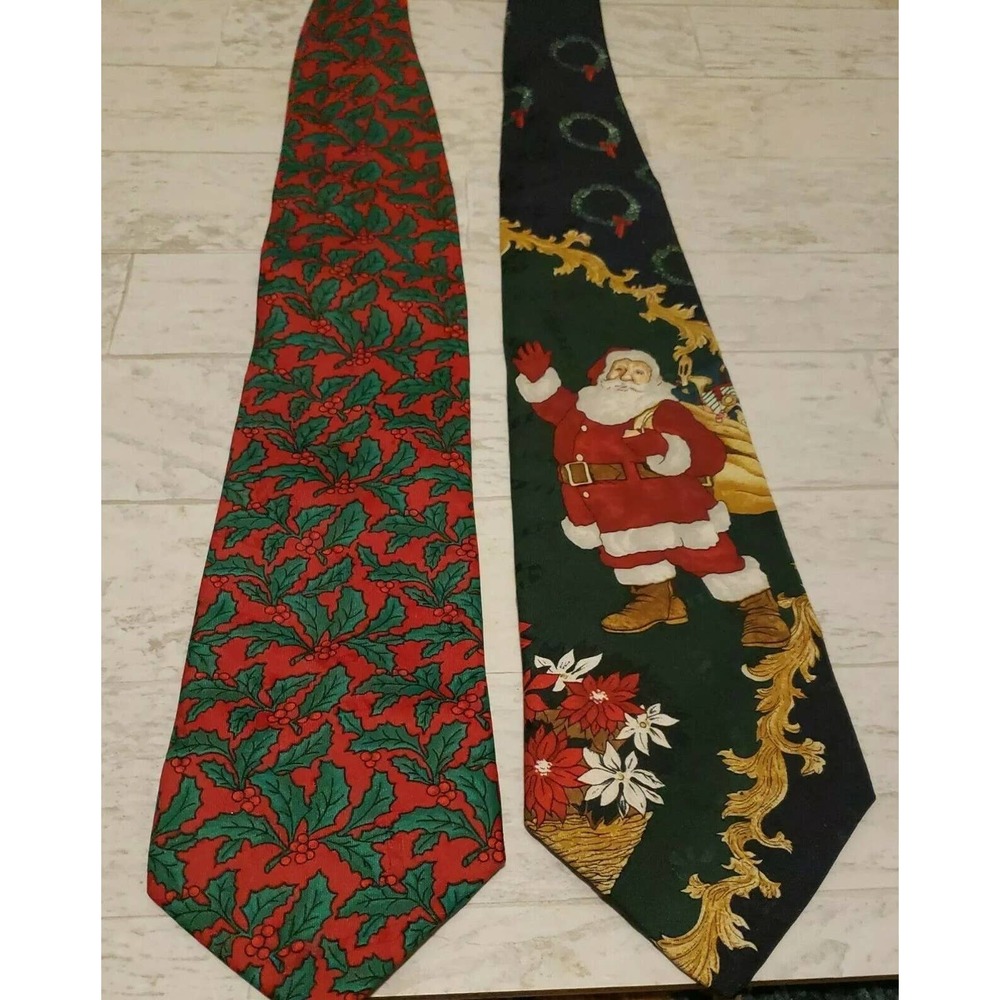 Lot Of 2: Vtg.Hallmark Christmas Santa Reindeer Holly Men’s Neckties Made in USA - Picture 1 of 9